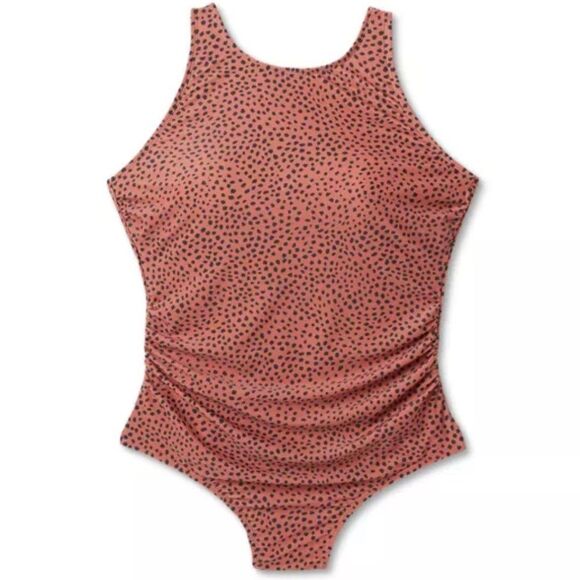 New Kona Sol Spotted Print High Neck Ruched One Piece Swimsuit Woman's 16 - Picture 3 of 10